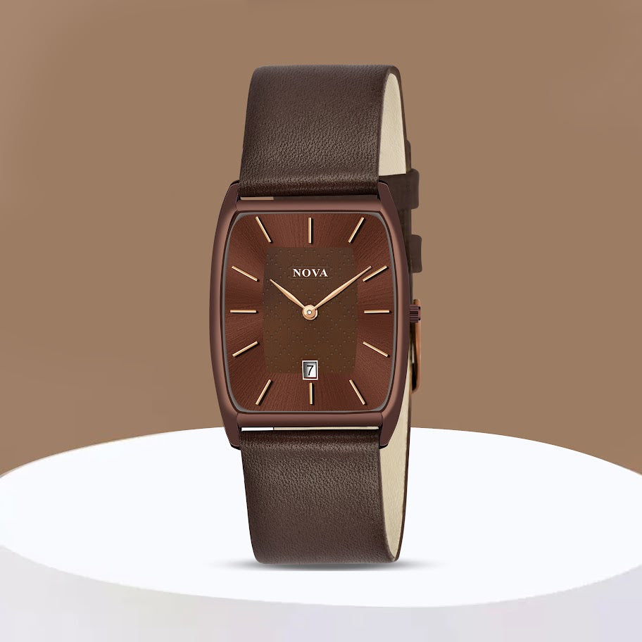 Nova Elegance Square Date Function Genuine Leather Strap Watch