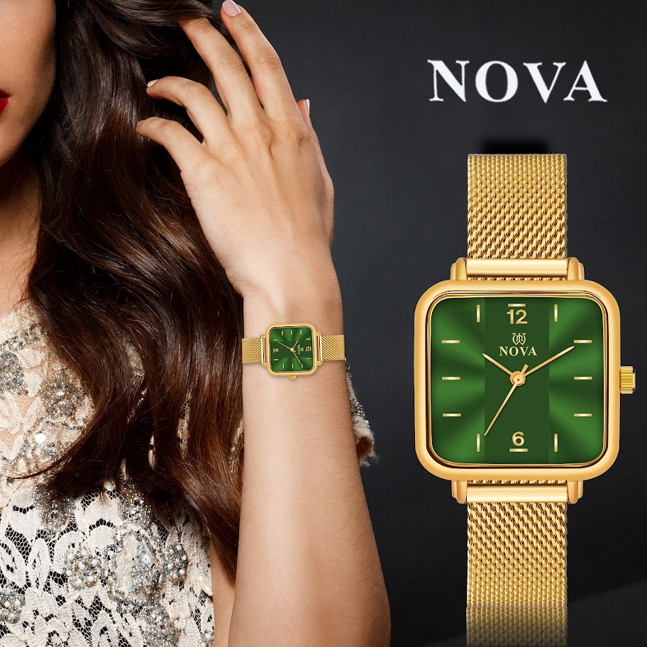 NOVA Premium Gold-Plated Watch with Mesh Metal Chain & Japanese Battery