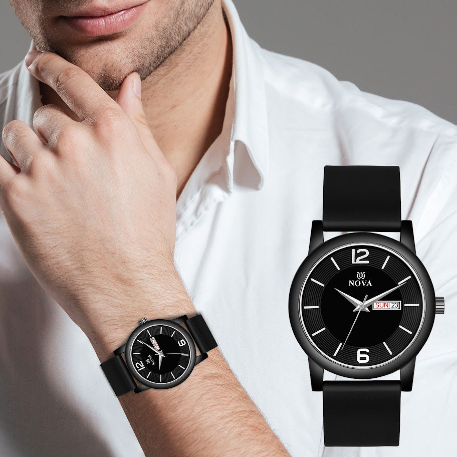 Nova Bold Black - Silicone Strap Watch with Japanese Battery & Adjustable Crown