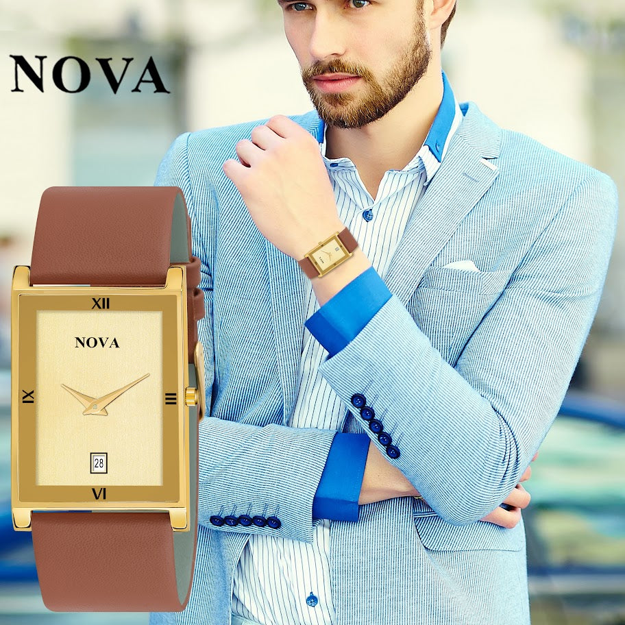 Nova Luxe Rectangle Dial Genuine Leather Watch