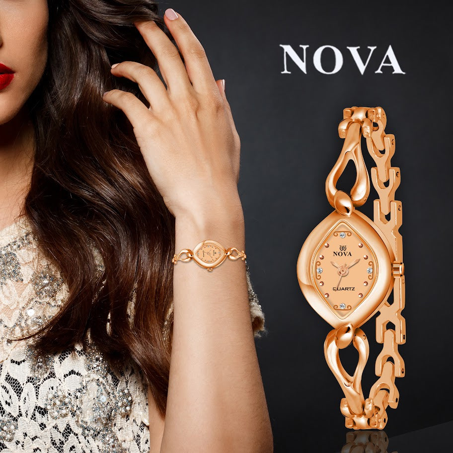 Nova Gold Plated Bangle Quartz Watch - Elegant Brass Dial with Crystal Accents