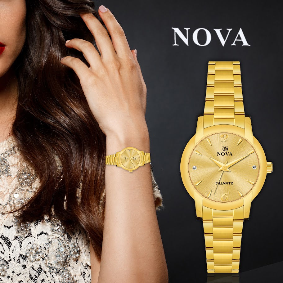 Nova Elegant Gold Plated Metal Strap Watch with Crystal accents