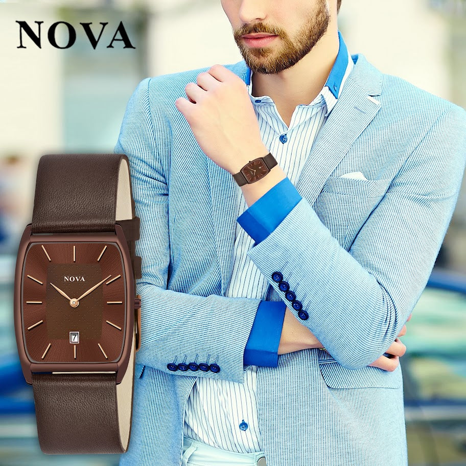 Nova Elegance Square Date Function Genuine Leather Strap Watch
