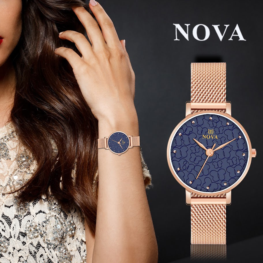 Nova Rosegold Mesh Metal Watch with durable Japanese Battery & Brass Dial