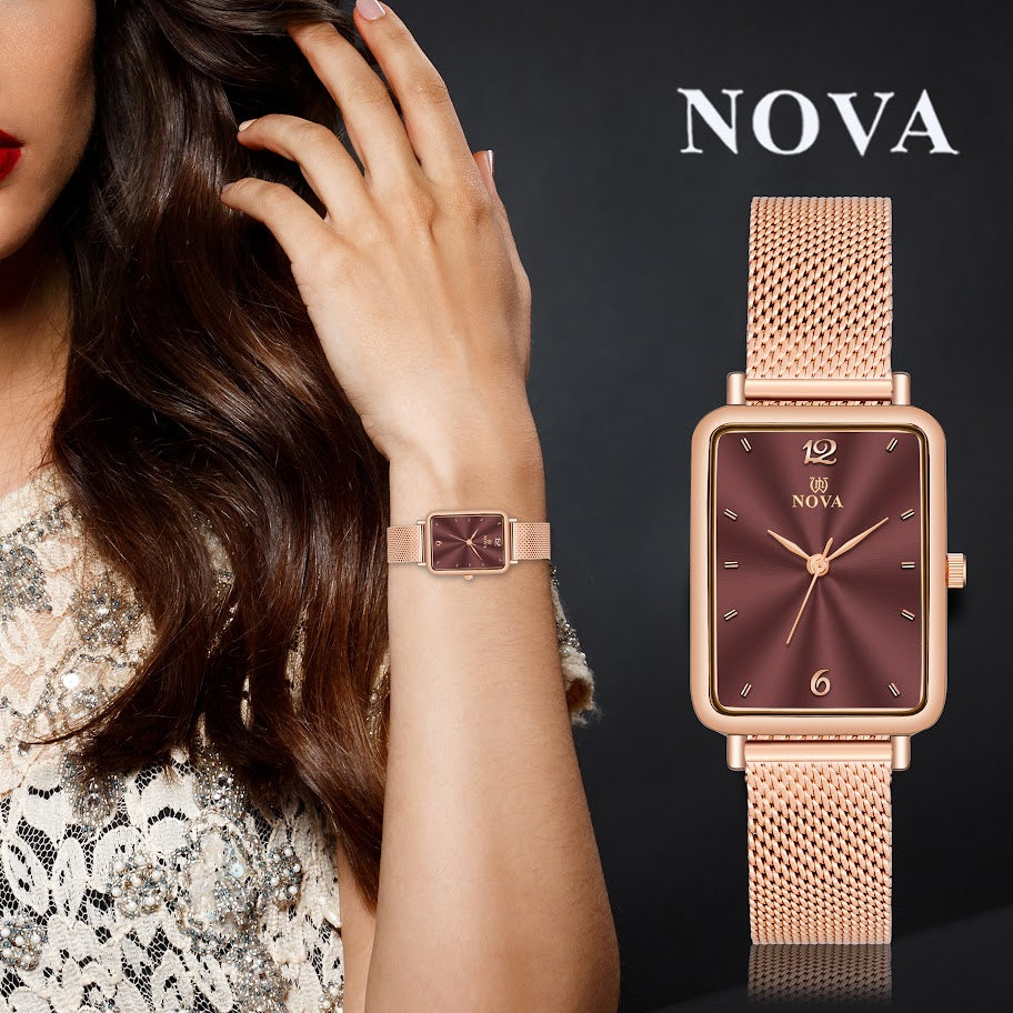 Nova Luxe Brass Dial & Rose Gold Mesh Metal Chain with Japanese Battery
