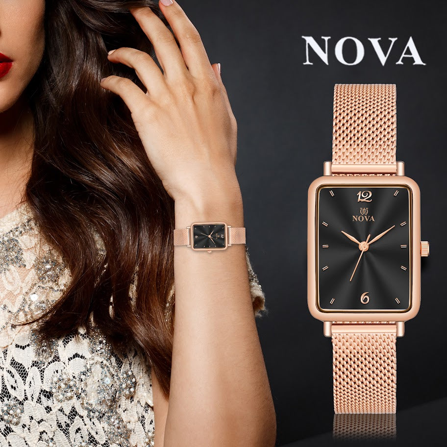 Nova Luxe Brass Dial & Rose Gold Mesh Metal Chain with Japanese Battery