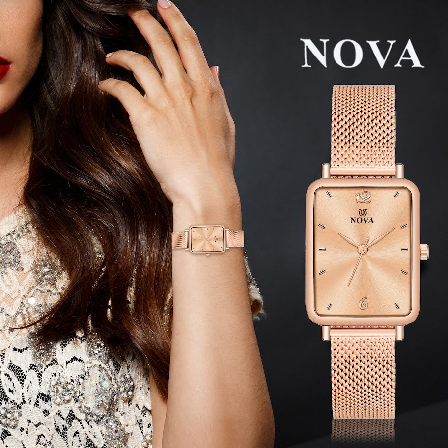 Nova Luxe Brass Dial & Rose Gold Mesh Metal Chain with Japanese Battery