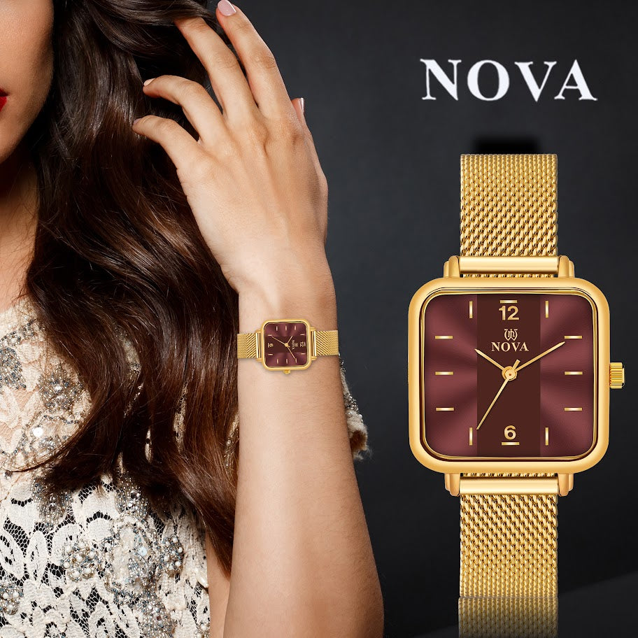 NOVA Premium Gold-Plated Watch with Mesh Metal Chain & Japanese Battery