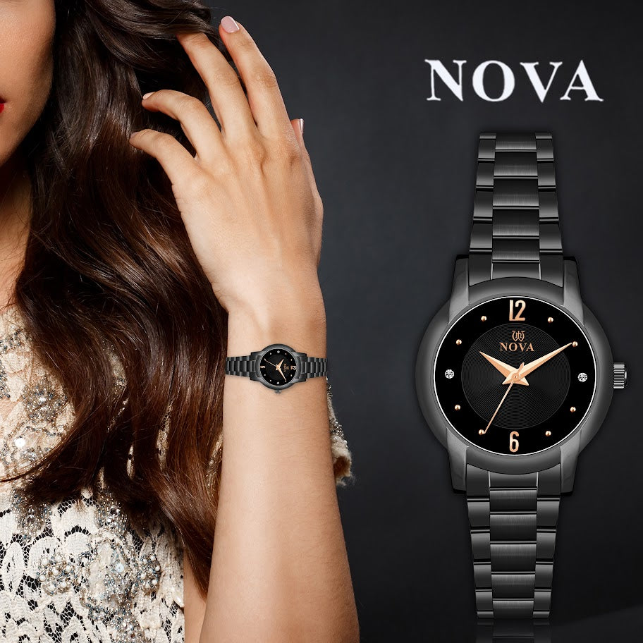 Nova Elegant Gold Plated Metal Strap Watch with Crystal accents