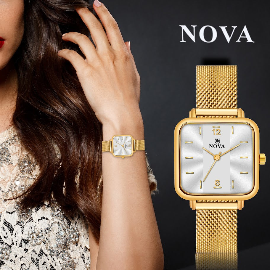 NOVA Premium Gold-Plated Watch with Mesh Metal Chain & Japanese Battery