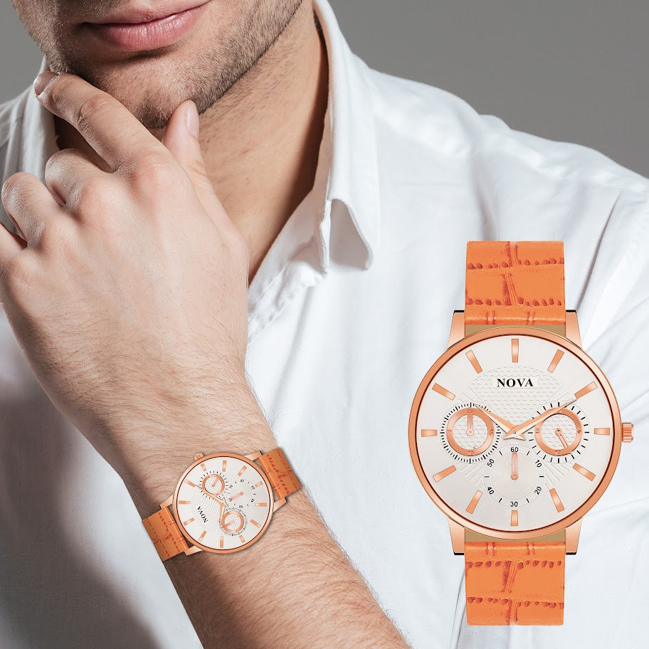 Nova Rose Gold Elegance - Leather Strap Watch with Brass Dial & Japanese Battery