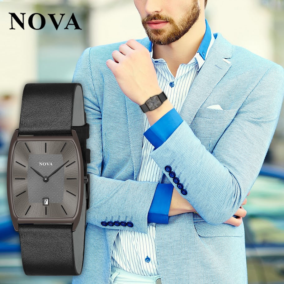 Nova Elegance Square Date Function Genuine Leather Strap Watch