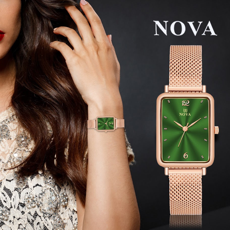 Nova Luxe Brass Dial & Rose Gold Mesh Metal Chain with Japanese Battery