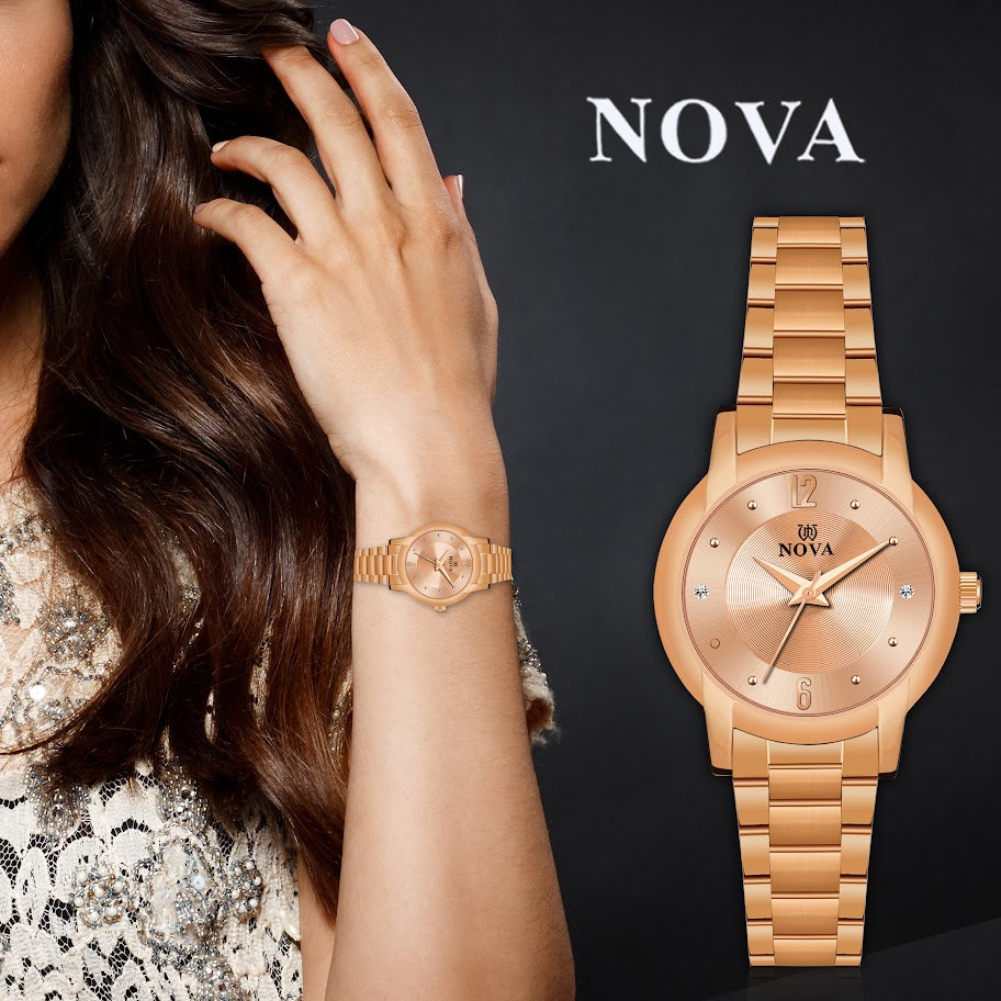 Nova Elegant Gold Plated Metal Strap Watch with Crystal accents