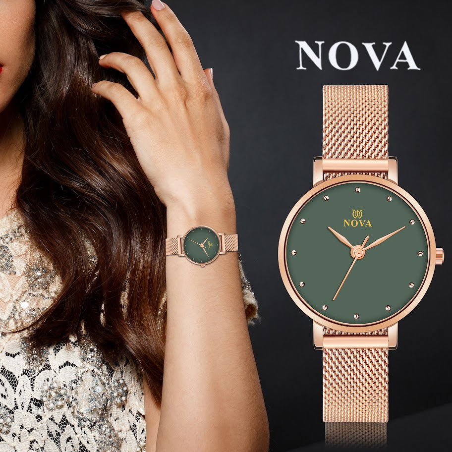 Nova Rosegold Mesh Metal Watch with durable Japanese Battery & Brass Dial