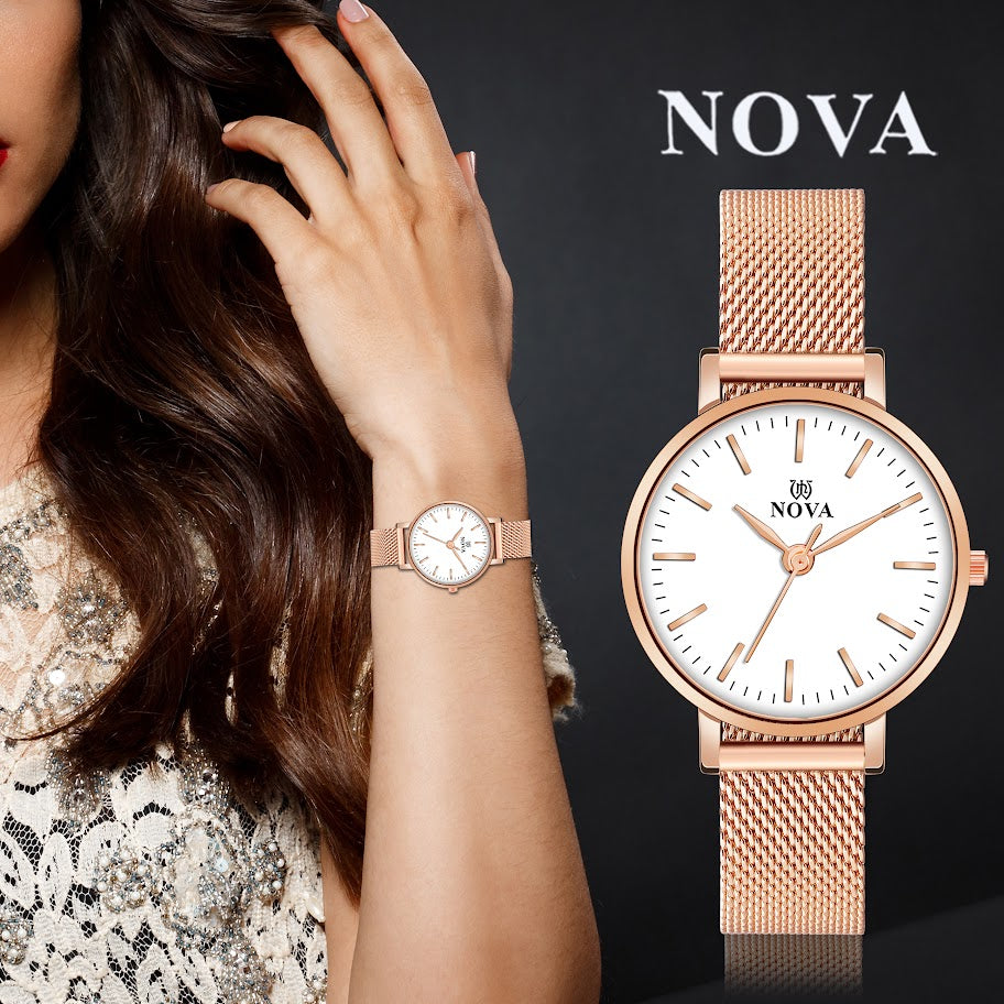 Nova Rosegold Mesh Metal Watch with durable Japanese Battery & Brass Dial