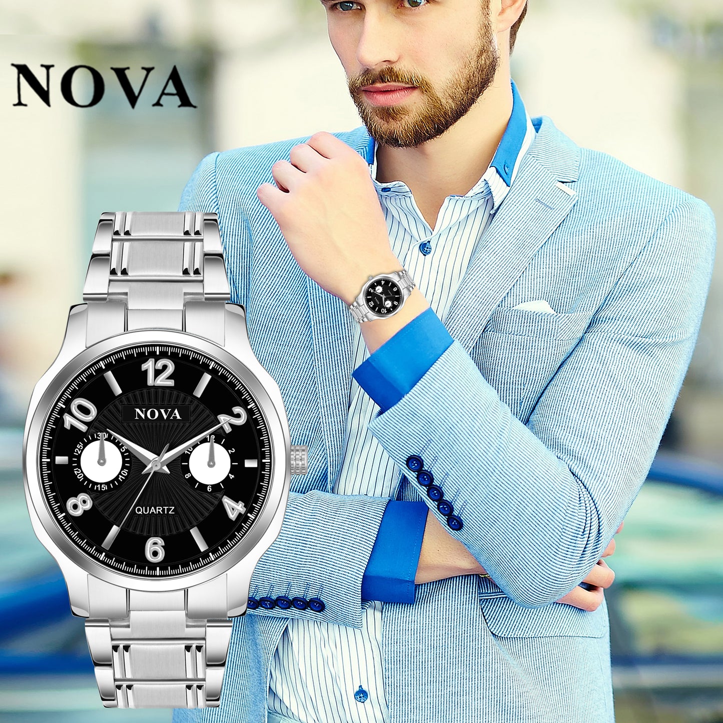 Nova Silver Quartz Men's Watch – Latest Design with Subdials and Heavy Lock Clasp
