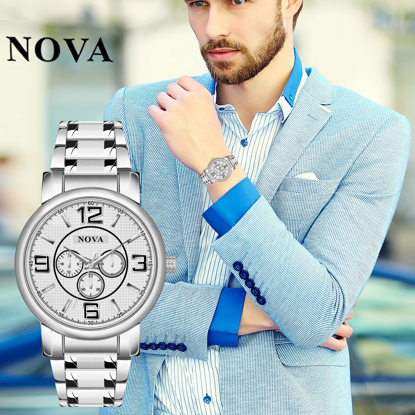 Nova Silver Quartz Men's Watch – Latest Design with Subdials and Heavy Lock Clasp
