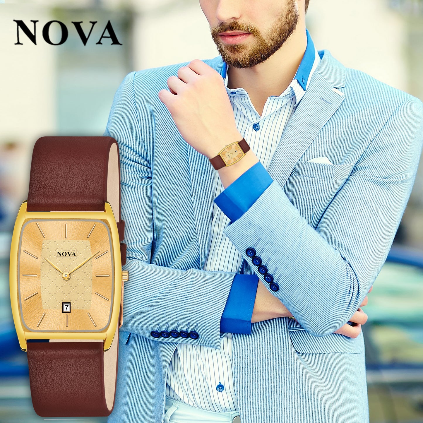 Nova Elegance Square Date Function Genuine Leather Strap Watch