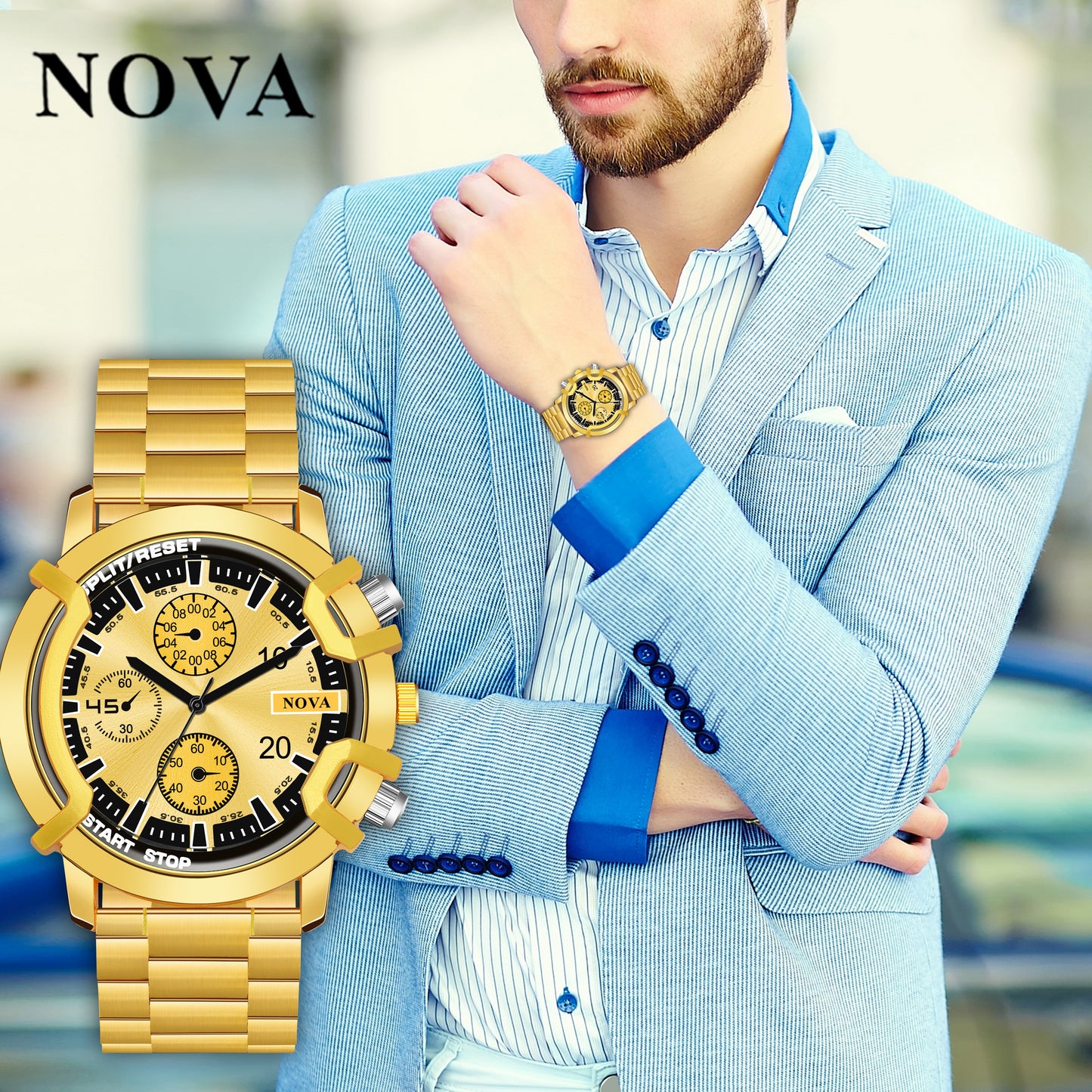 Nova Power Gold – Heavy Lock Chronograph-Style Watch with Bold Design