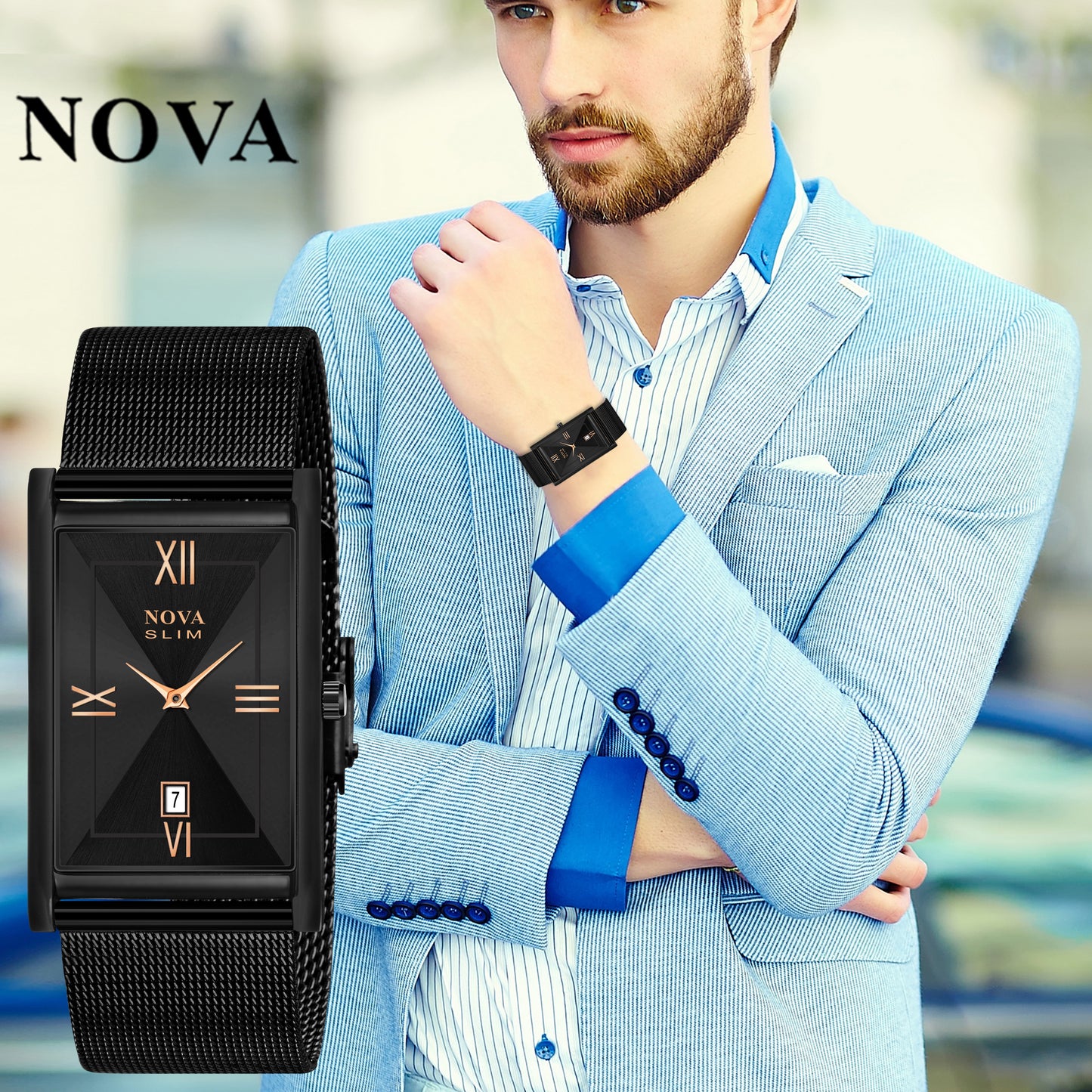 Nova Slim Rectangular Rose Gold Mesh Watch with Date Display