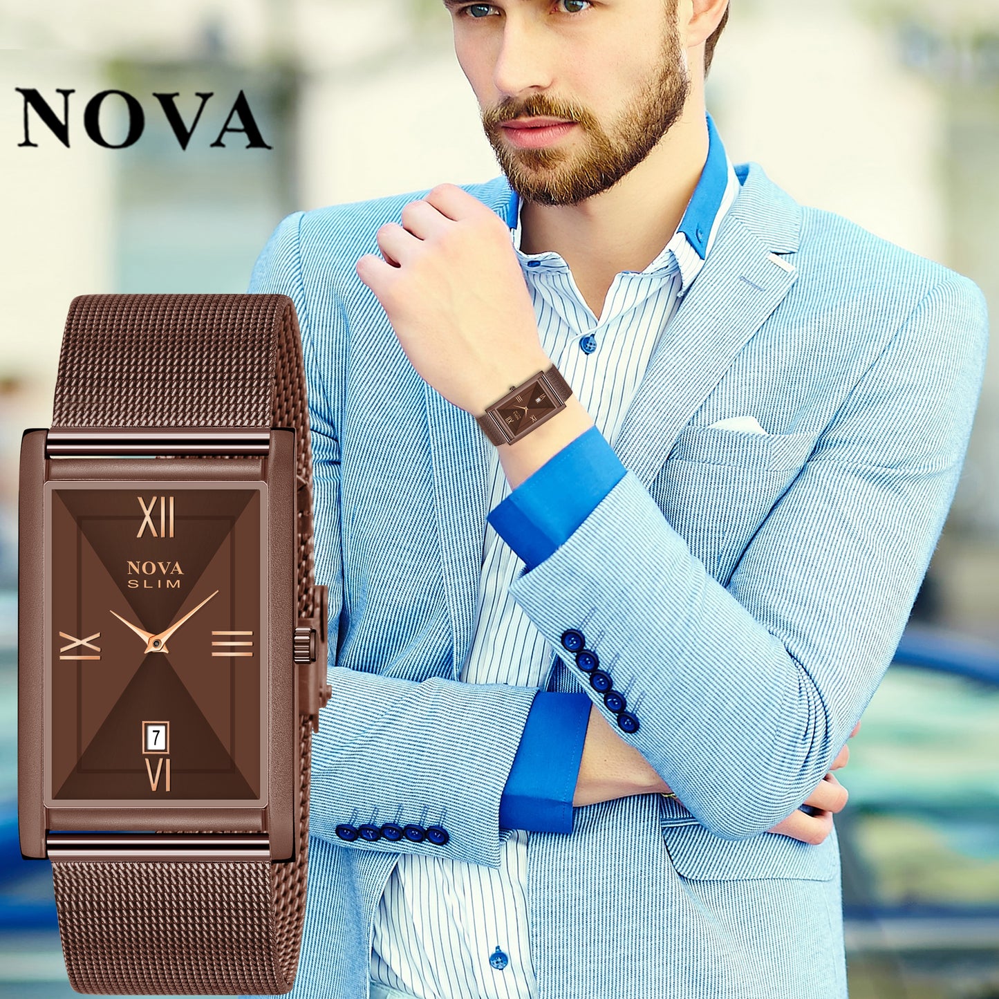 Nova Slim Rectangular Rose Gold Mesh Watch with Date Display