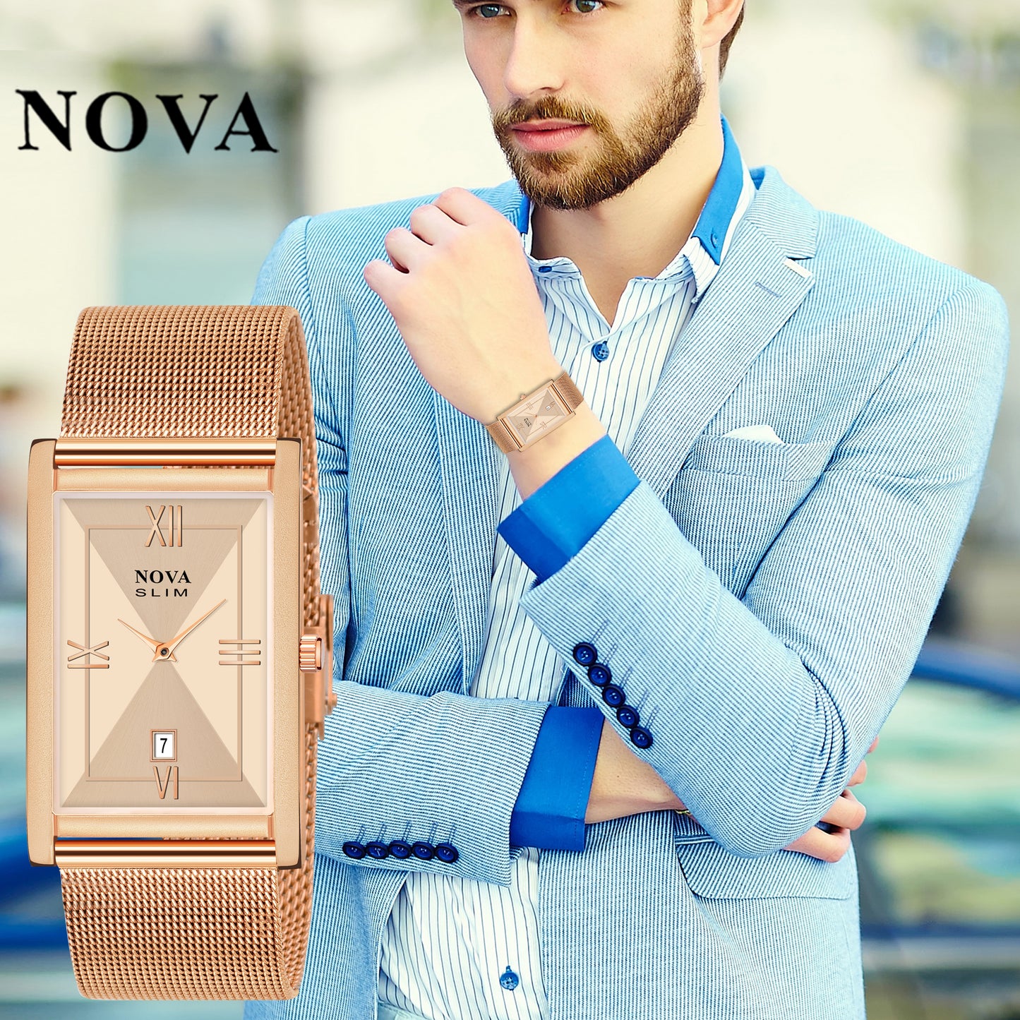 Nova Slim Rectangular Rose Gold Mesh Watch with Date Display