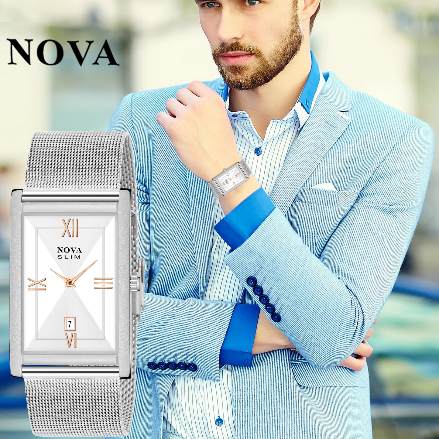 Nova Slim Rectangular Rose Gold Mesh Watch with Date Display